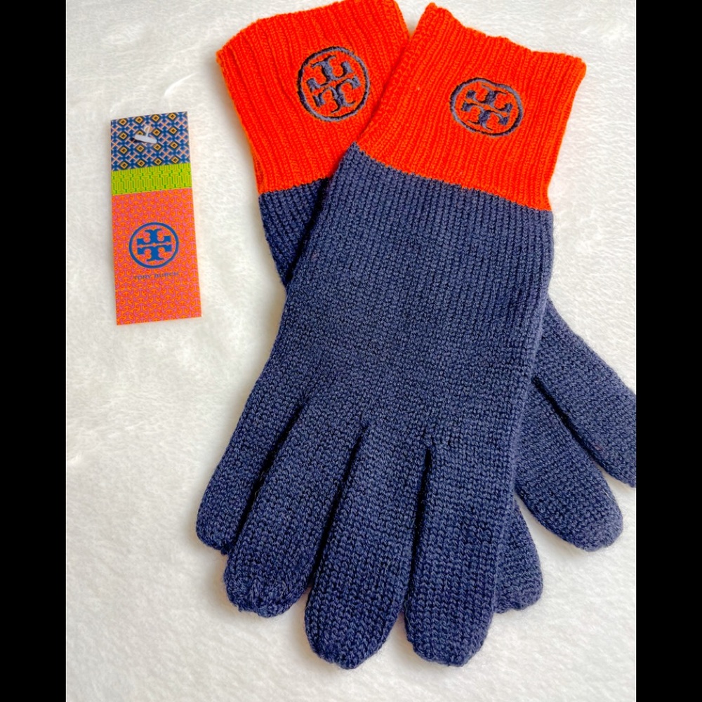 NWT Women’s Tory Burch Navy/Orange Wool Gloves OS